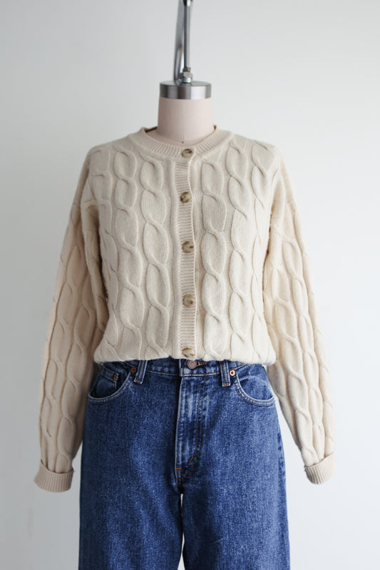 vintage cable knit merino-cashmere cardigan (M)