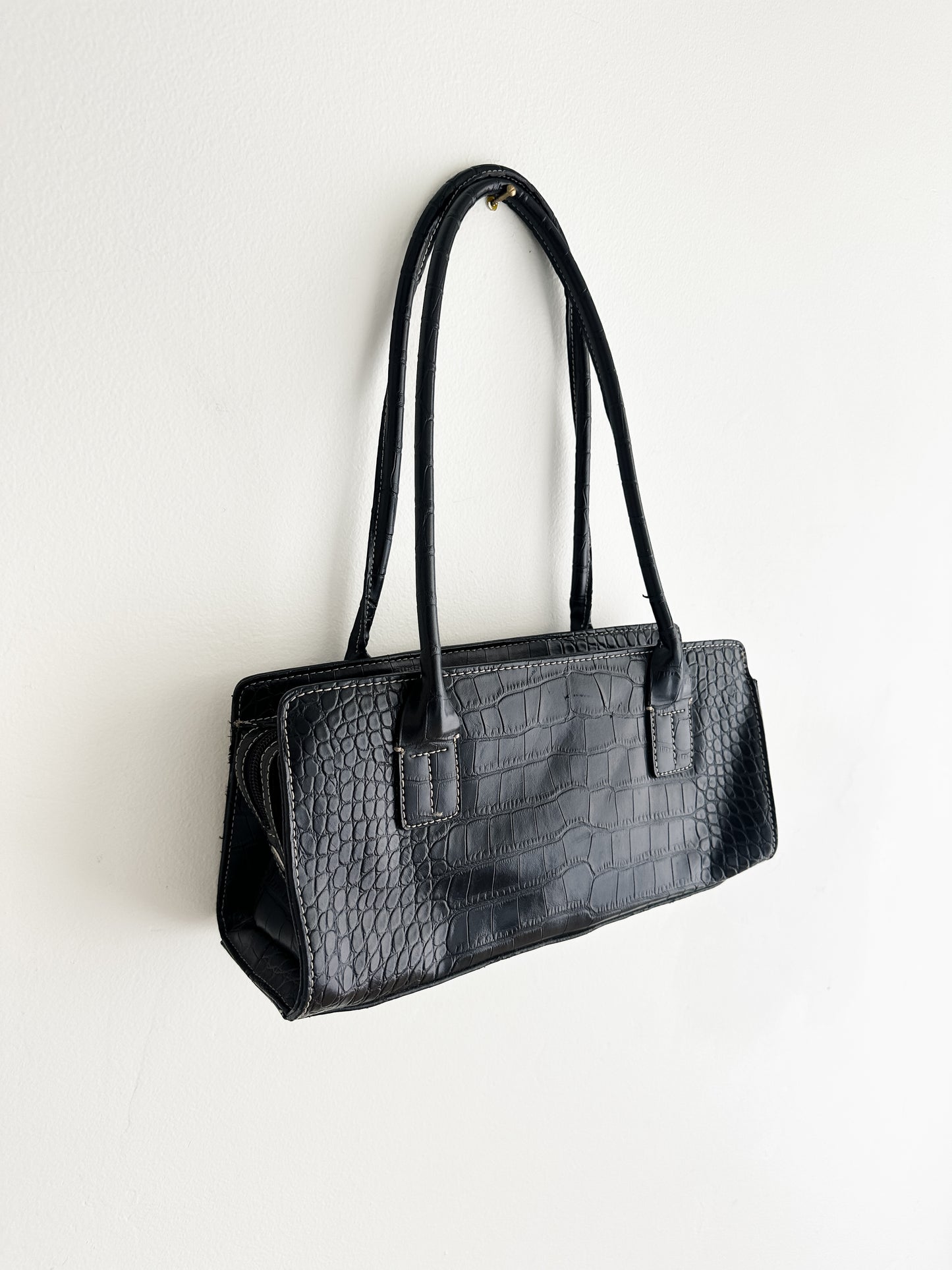 vintage black vegan leather shoulder bag