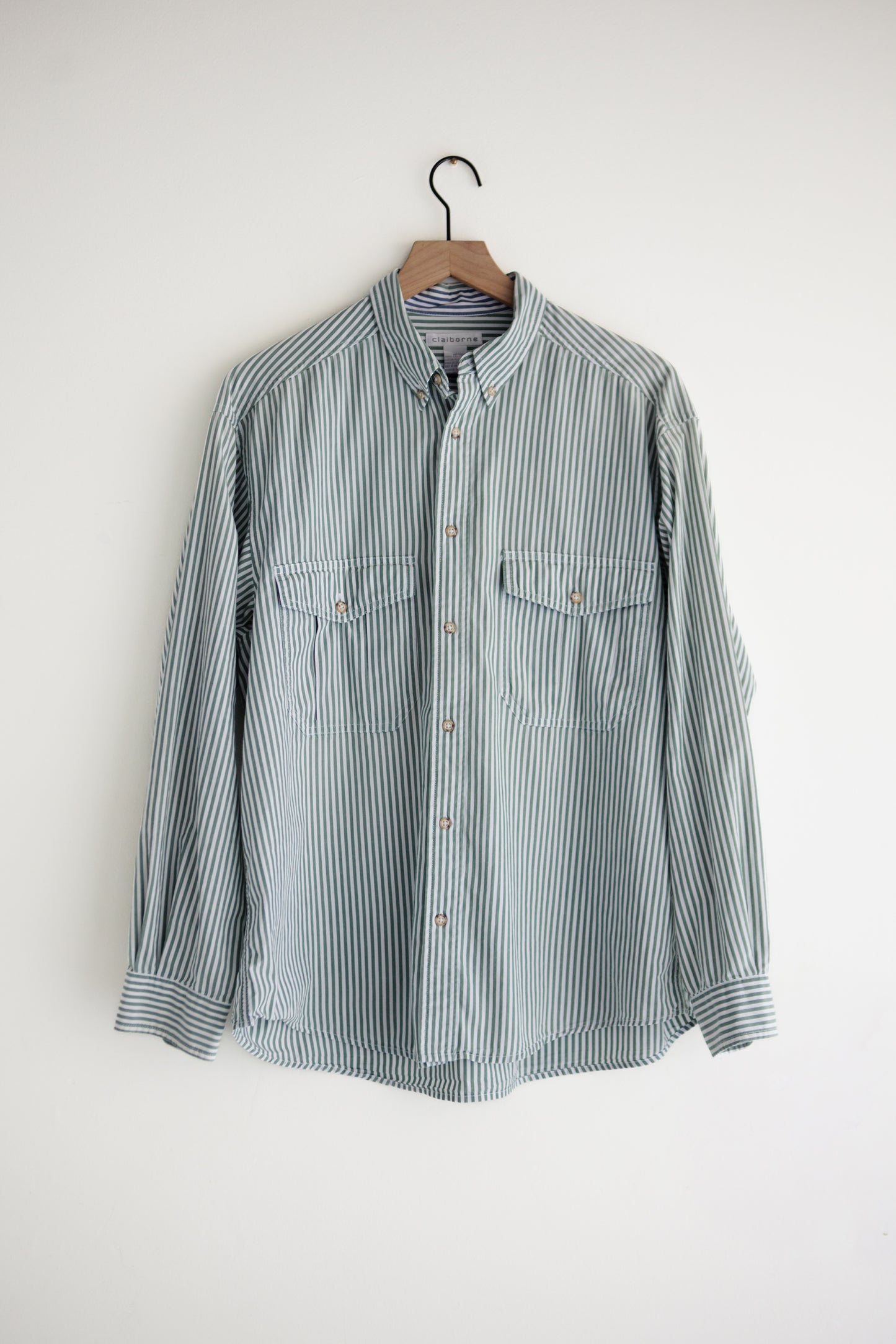 vintage green stripe button down shirt (M/L)