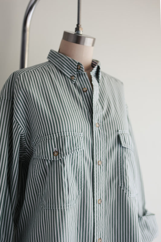 vintage green stripe button down shirt (M/L)