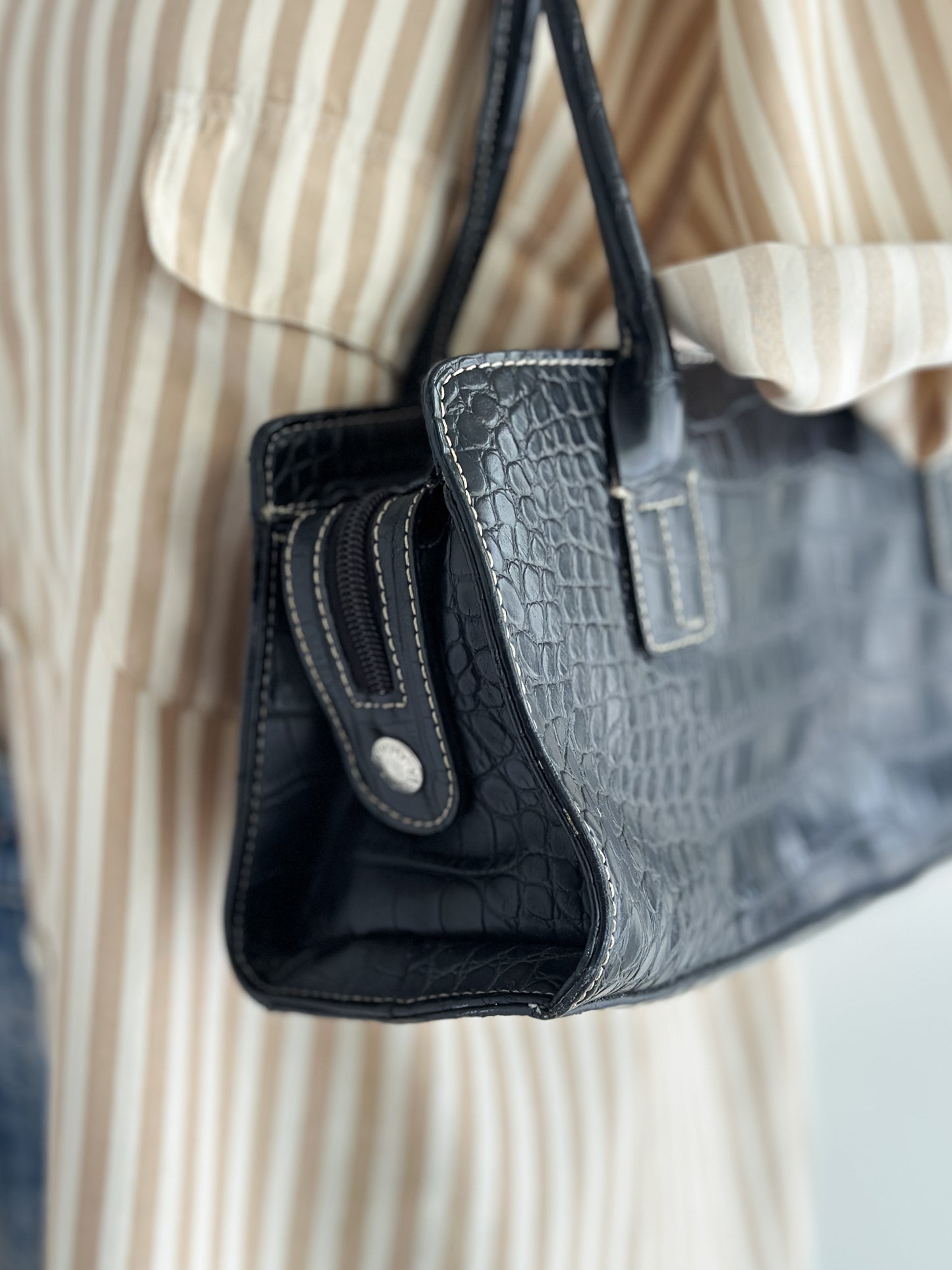 vintage black vegan leather shoulder bag