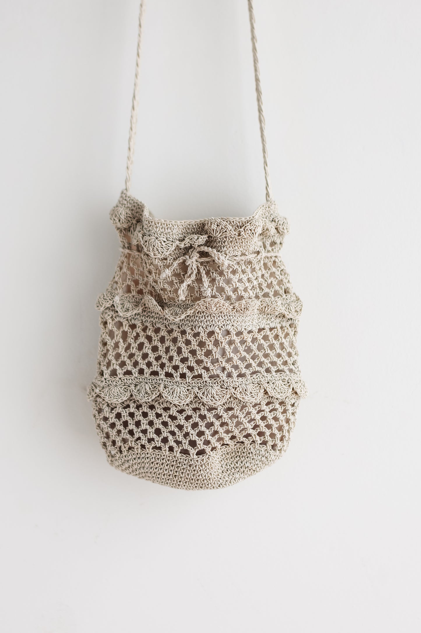 vintage drawstring crochet bag