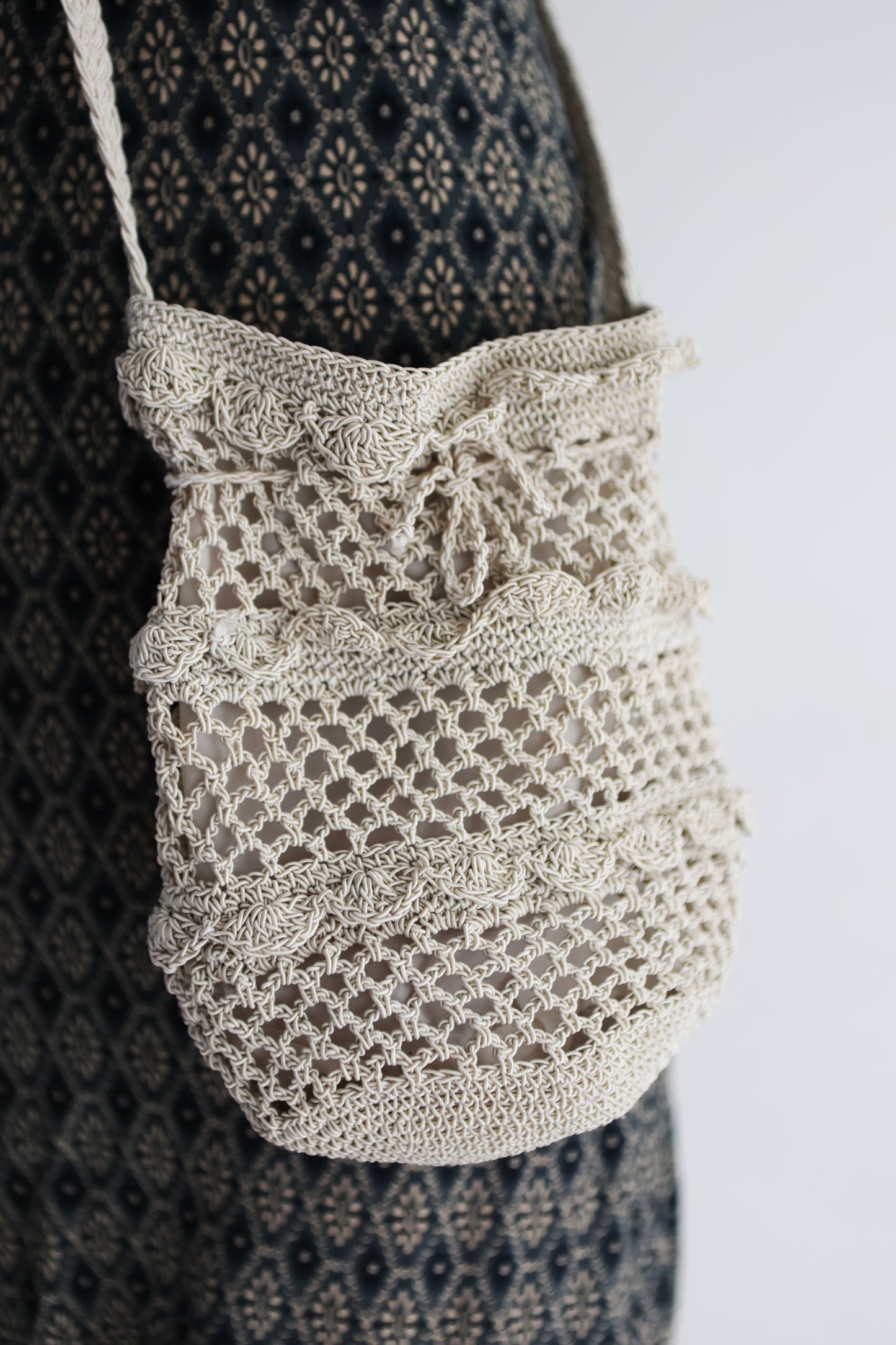 vintage drawstring crochet bag