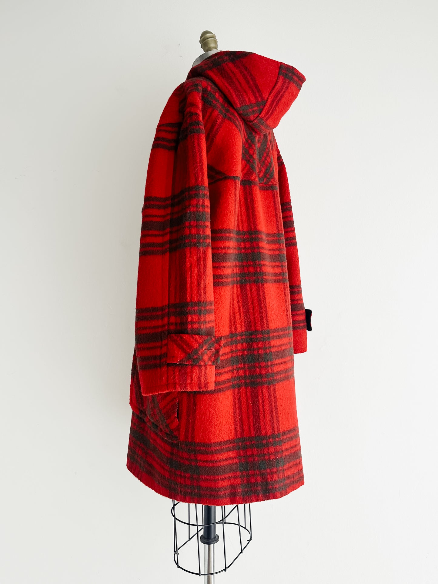 vintage red plaid wool duffel coat (L)