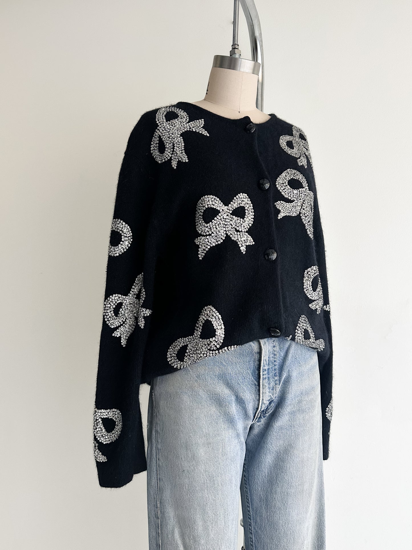 vintage sequined bow lambswool-angora cardigan (M/L)