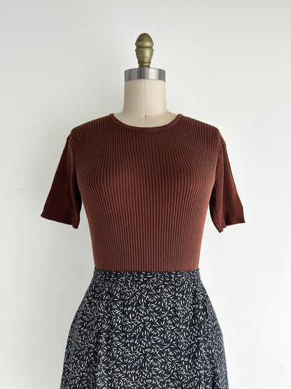 vintage chocolate silk knit ribbed top (S)