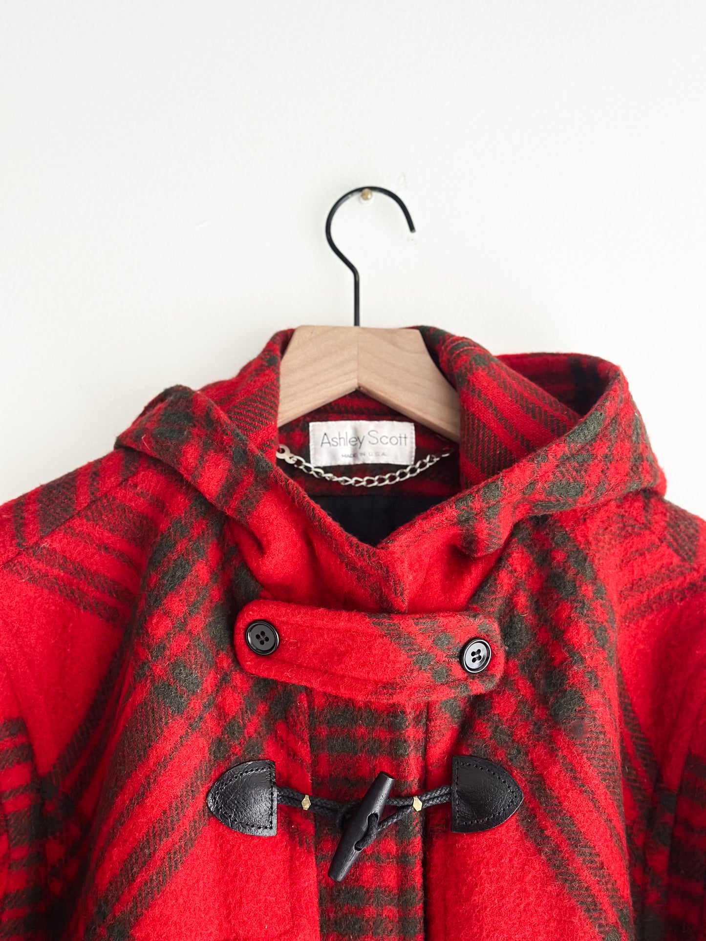 vintage red plaid wool duffel coat (L)