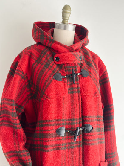 vintage red plaid wool duffel coat (L)