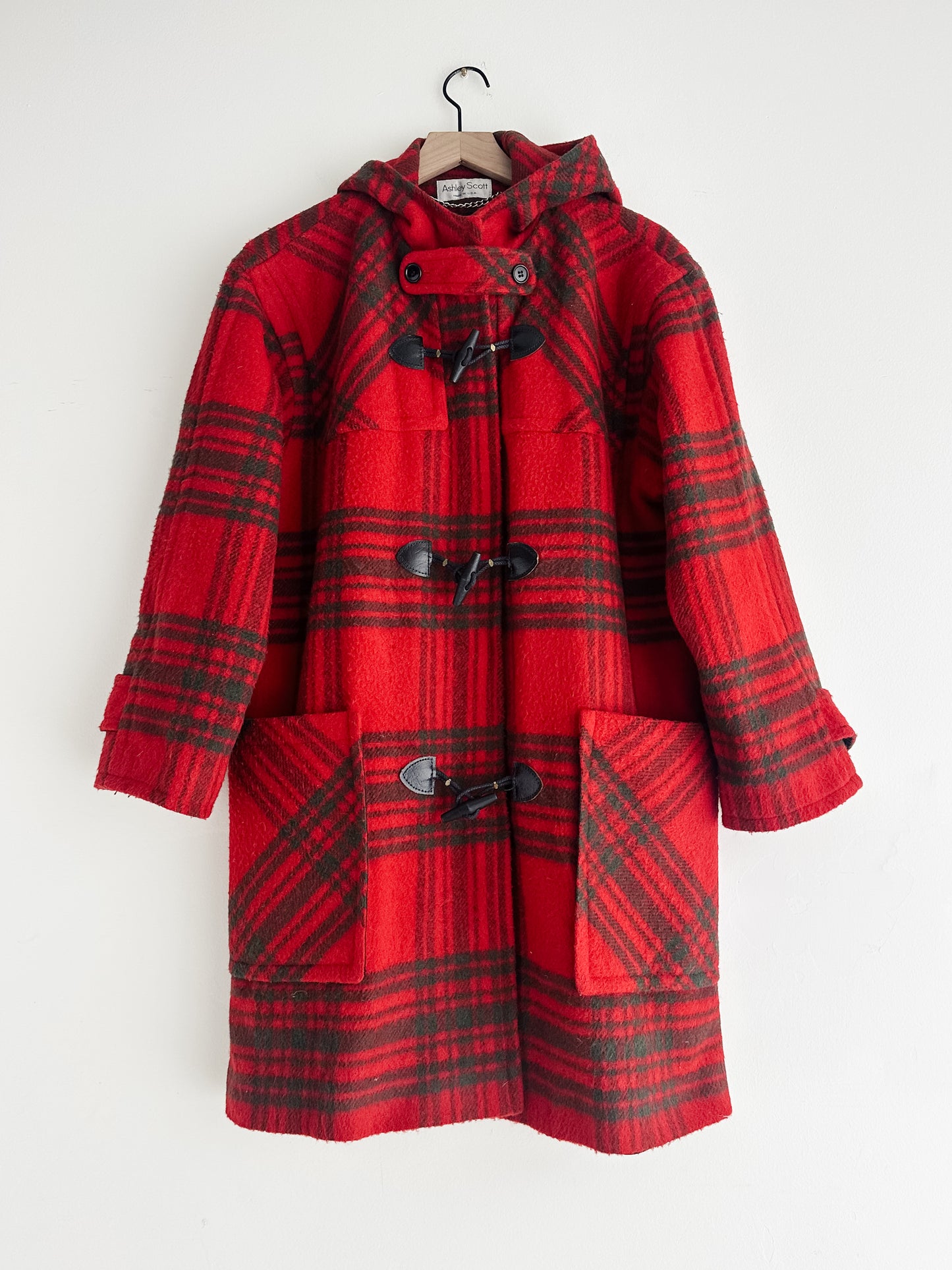 vintage red plaid wool duffel coat (L)