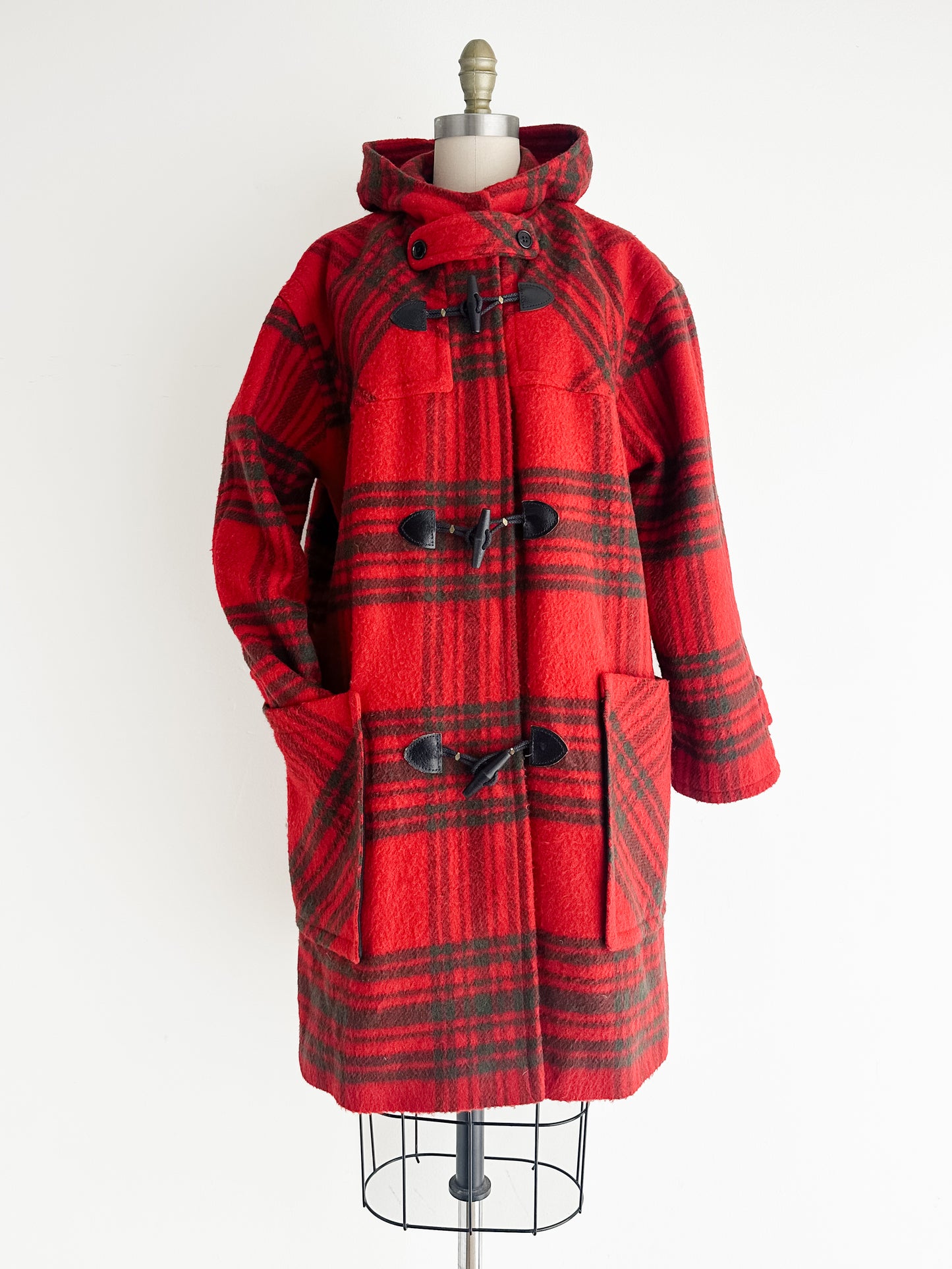 vintage red plaid wool duffel coat (L)