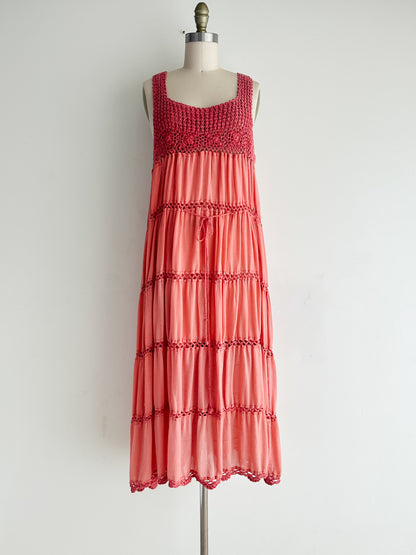 vintage coral crochet cotton dress (M)
