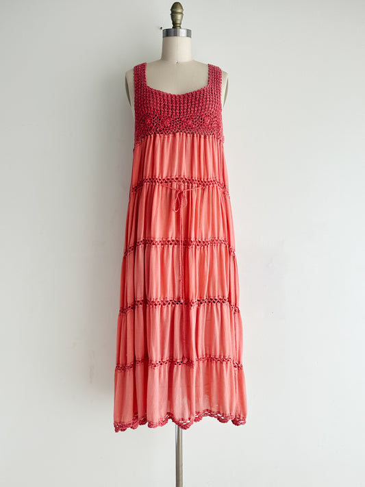 vintage coral crochet cotton dress (M)