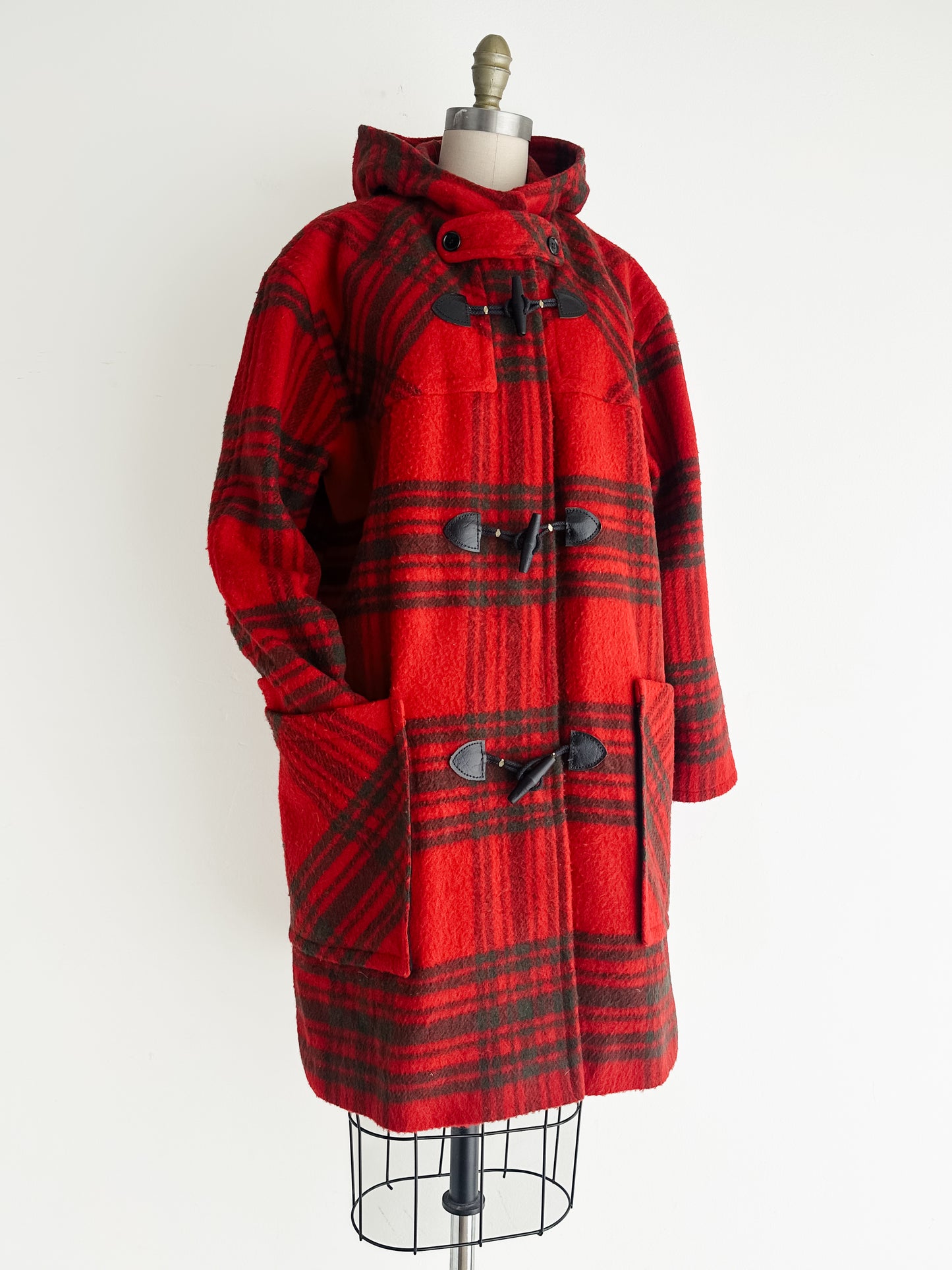 vintage red plaid wool duffel coat (L)