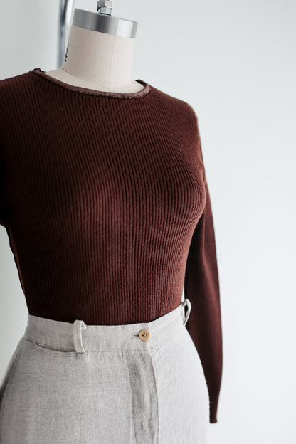 vintage chocolate ribbed knit wool top (S)