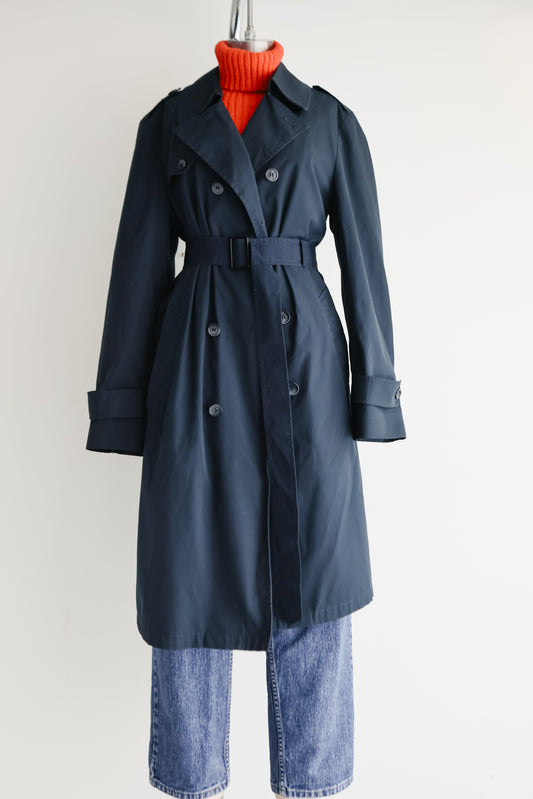 vintage navy belted trench coat (M)