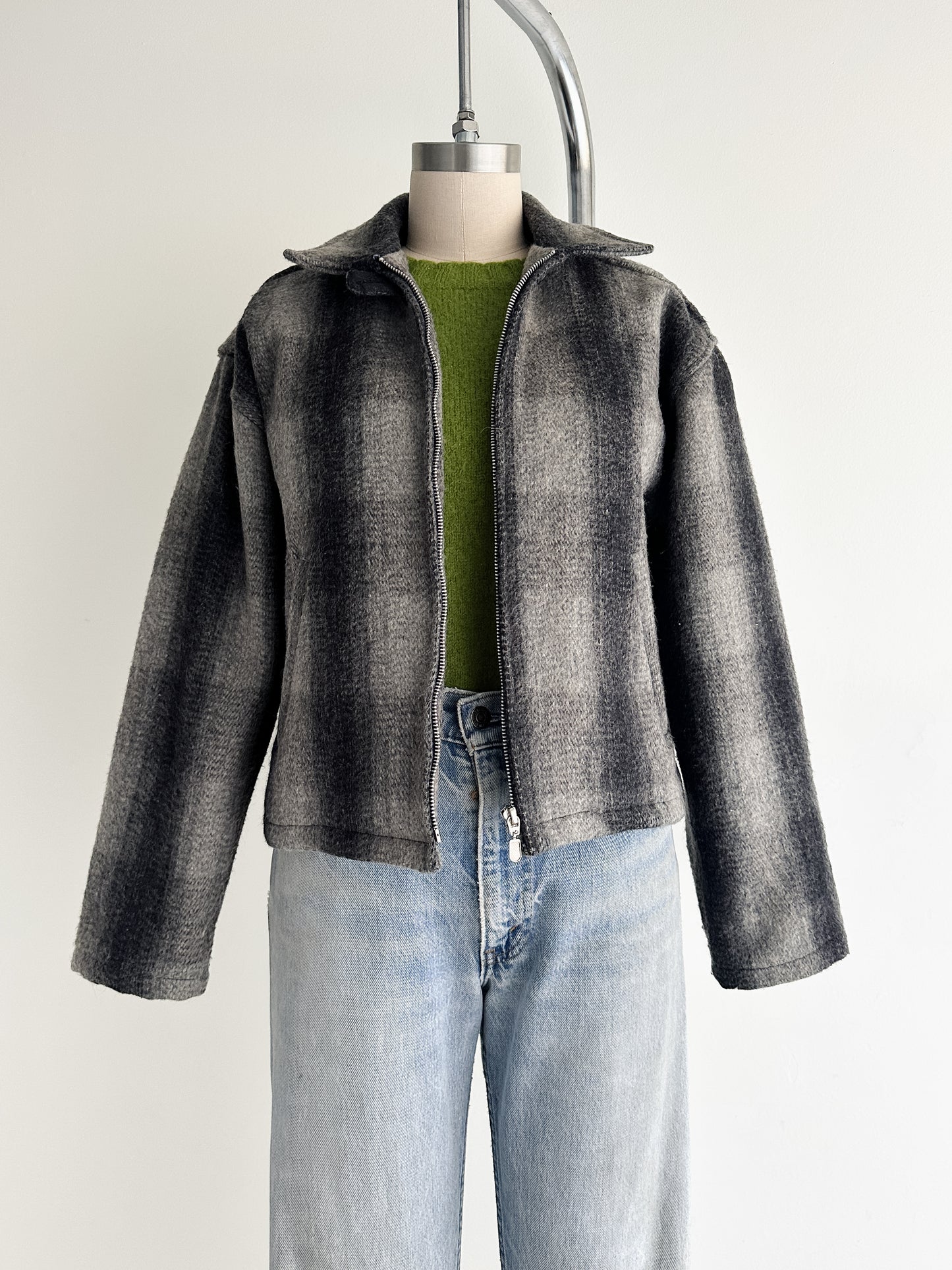 vintage grey plaid wool crop jacket (S/M)