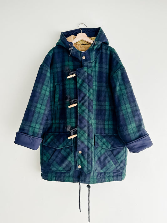 vintage plaid wool duffel coat (L)