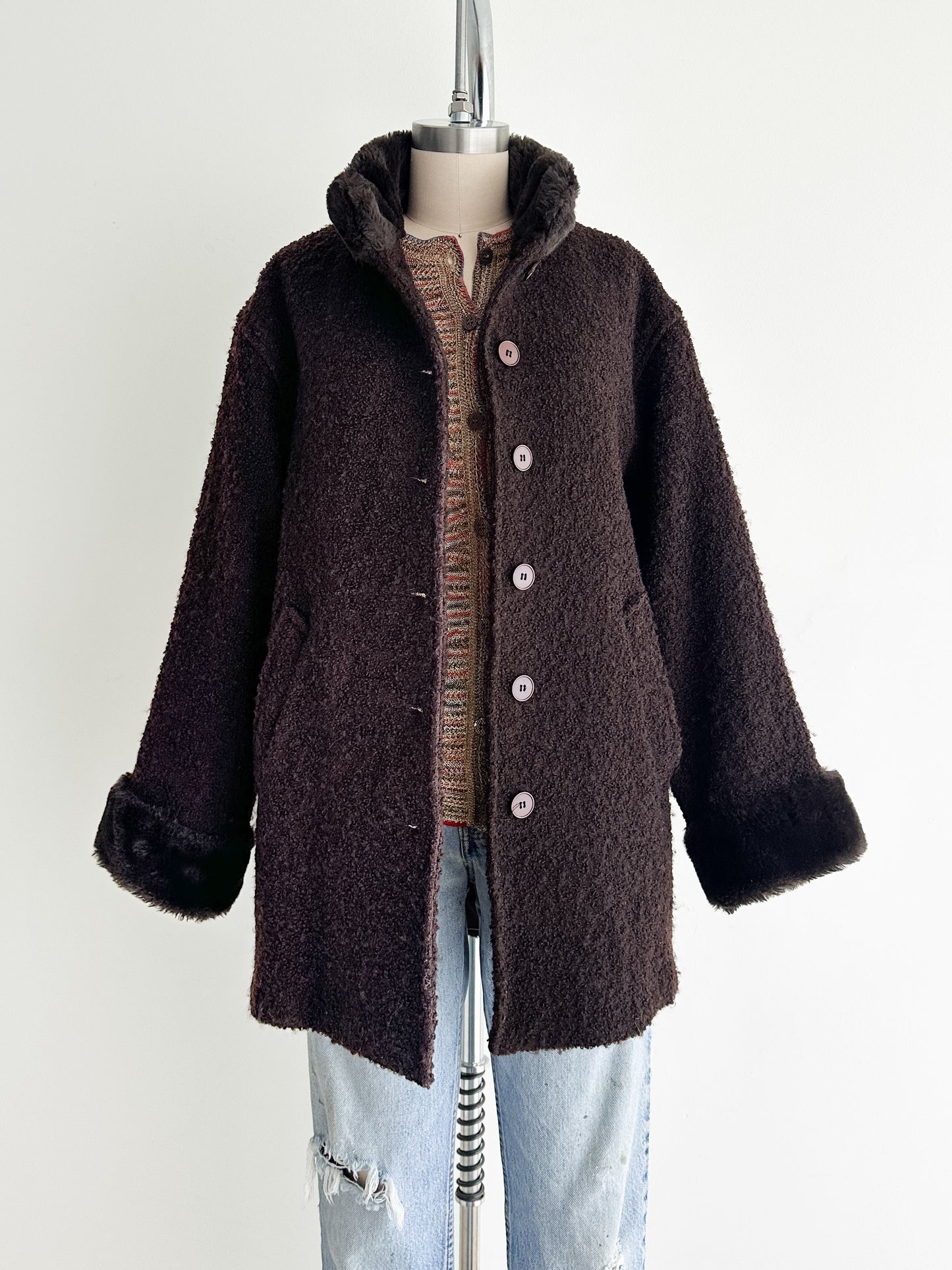 vintage chocolate boucle coat (M)