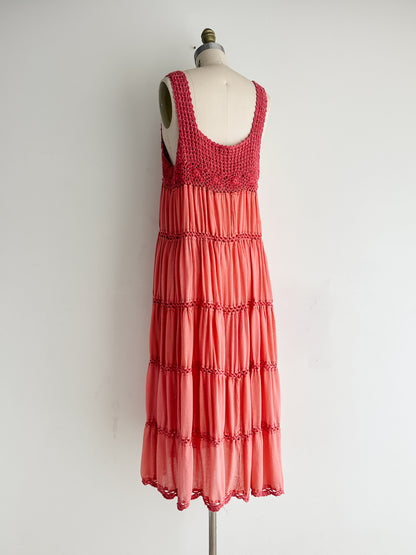 vintage coral crochet cotton dress (M)