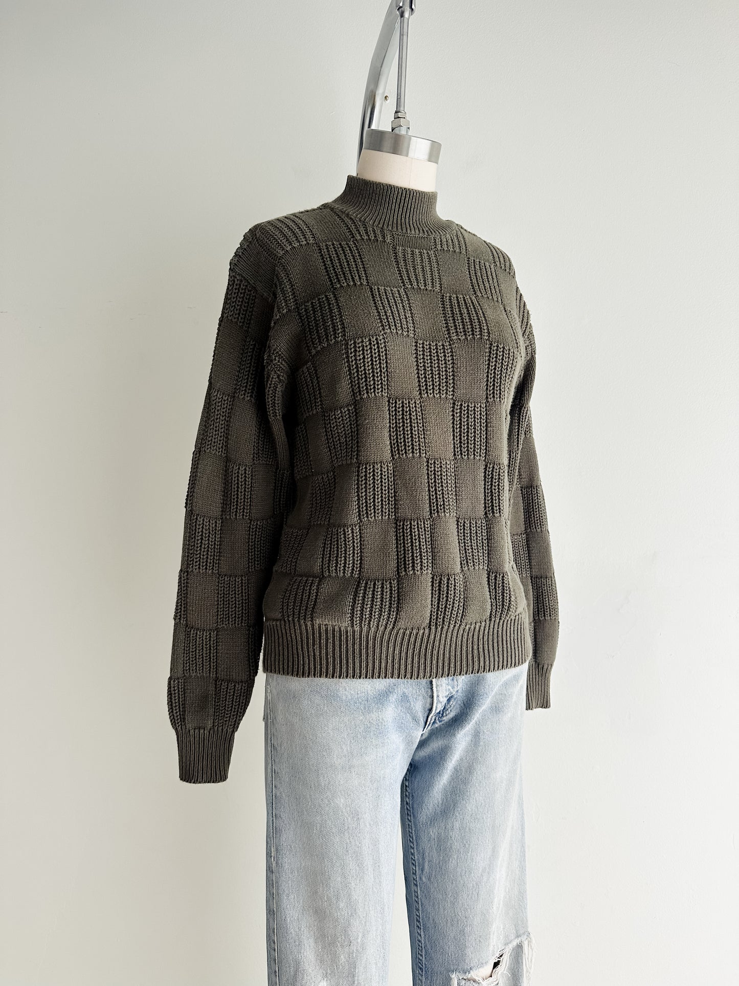 vintage checkerboard knit cotton sweater (S/M)