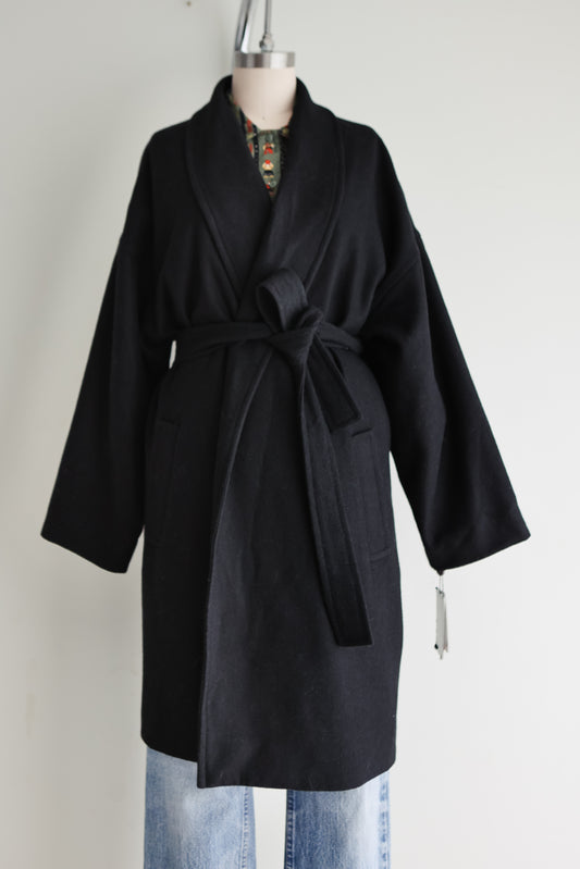 vintage black wool wrap coat (L)
