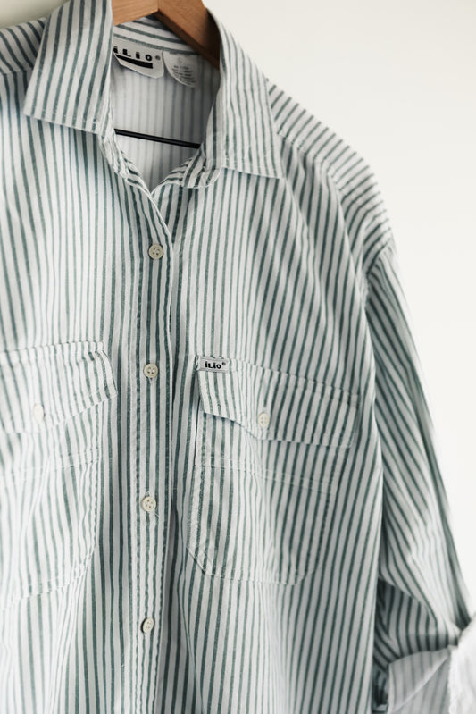 vintage green stripe button down shirt (M/L)