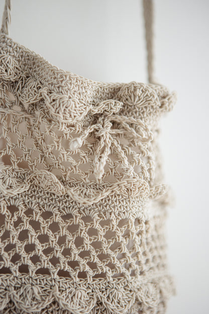 vintage drawstring crochet bag