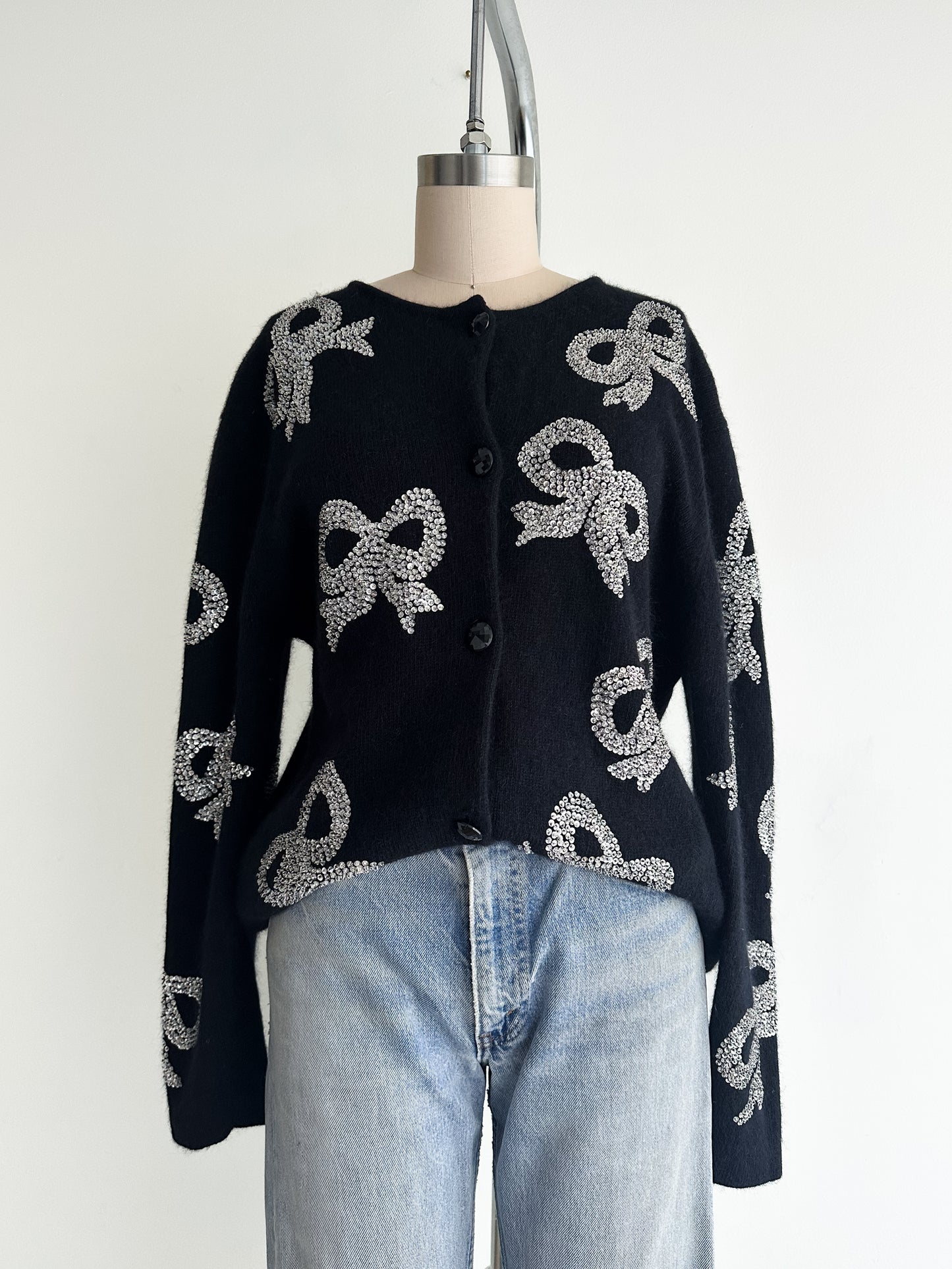 vintage sequined bow lambswool-angora cardigan (M/L)