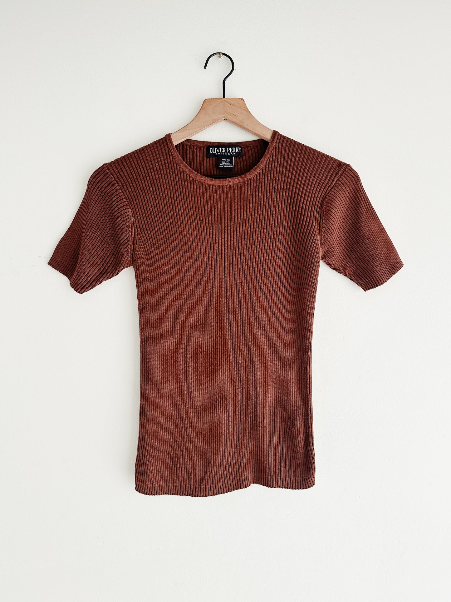 vintage chocolate silk knit ribbed top (S)