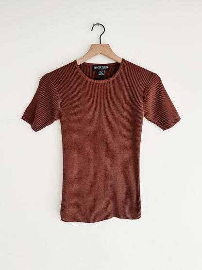 vintage chocolate silk knit ribbed top (S)