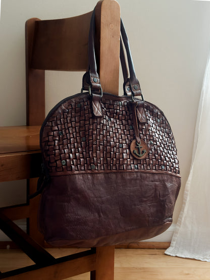 not yet vintage cognac leather tote